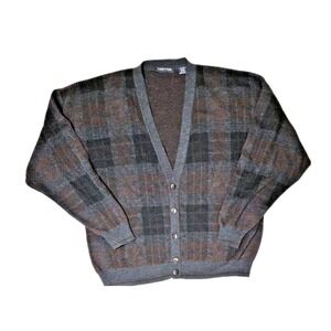 Vintage Plaid Knit Cardigan Sweater Today's Man Wool Blend Italy Grandpa Sz XXL